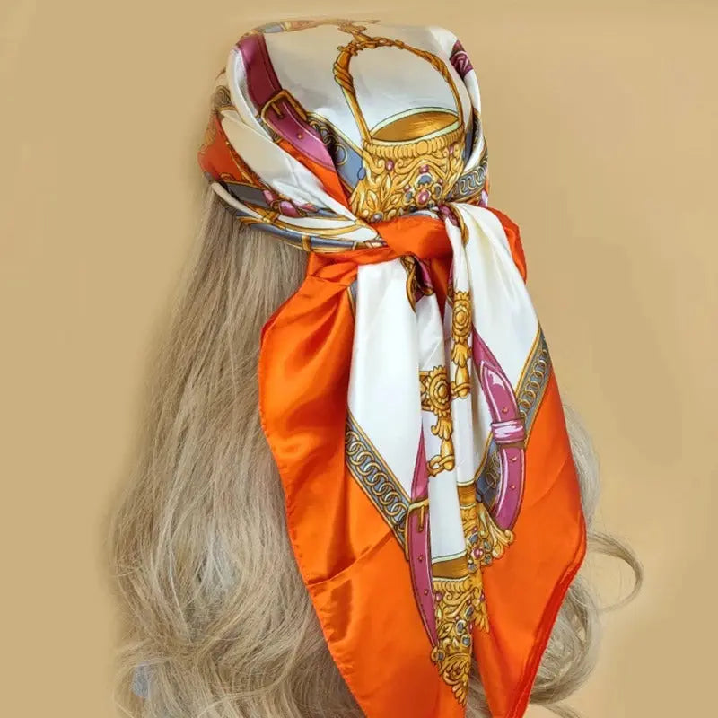Foulard Cheveux Femme Carre Chimio Orange Motifs Bronze Ines Coeur de Foulard