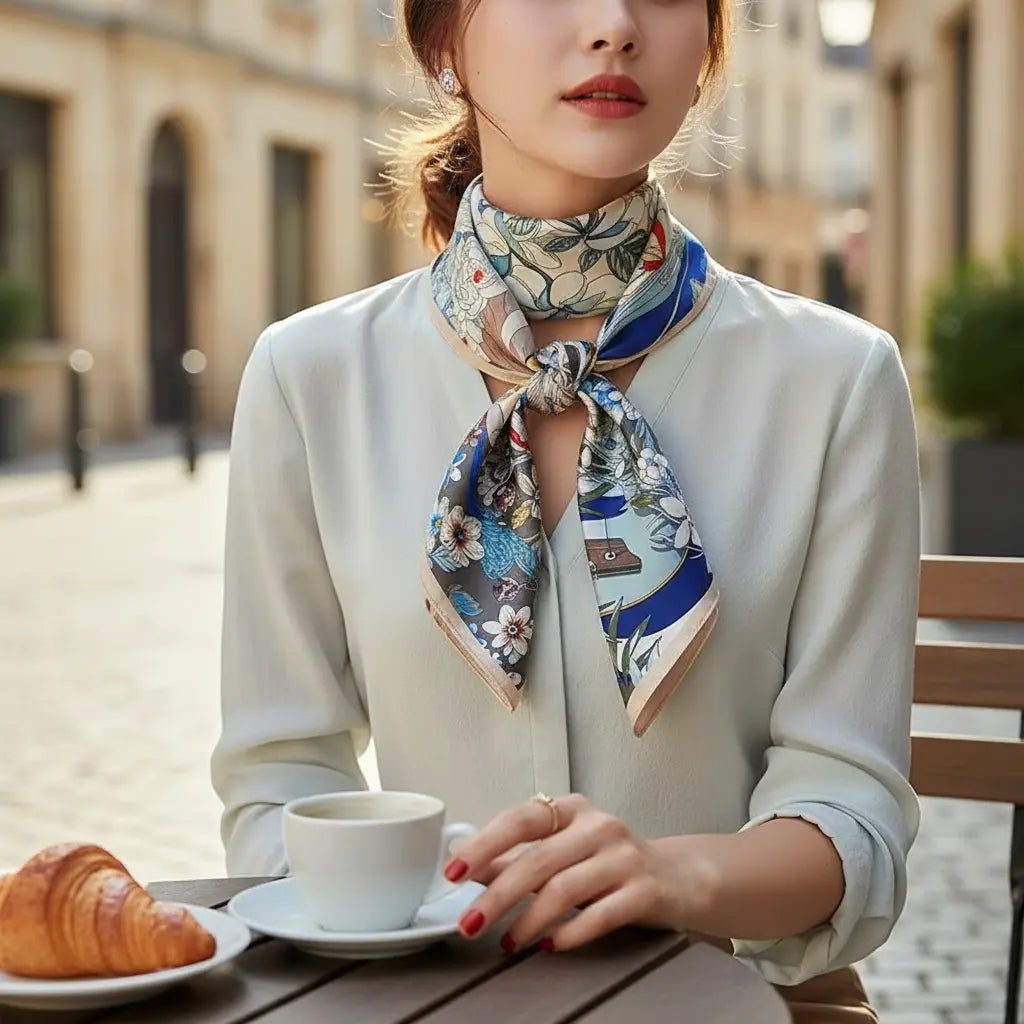 Foulard Femme Carré Soie Blanc Crème Rose à motifs CALISTA - Coeur de Foulard